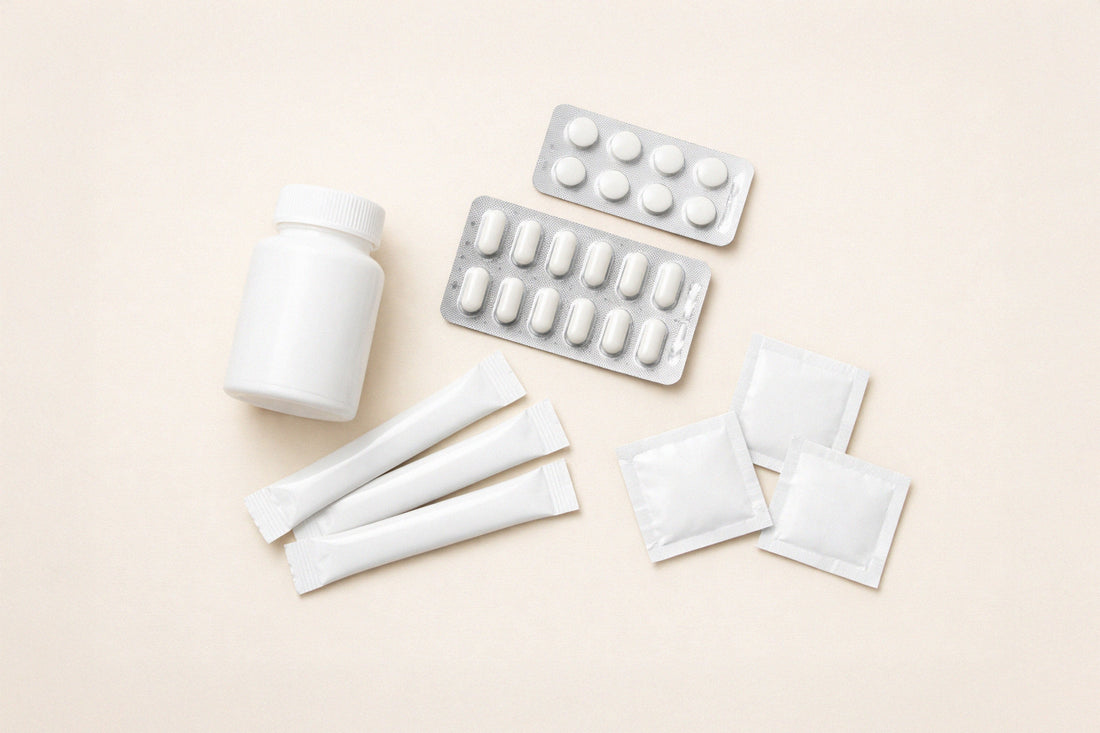 Multiple supplement packaging formats including bottles, blister packs, and sachets