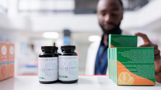 Pharmacist reviewing multivitamin supplement boxes and bottles on a pharmacy counter