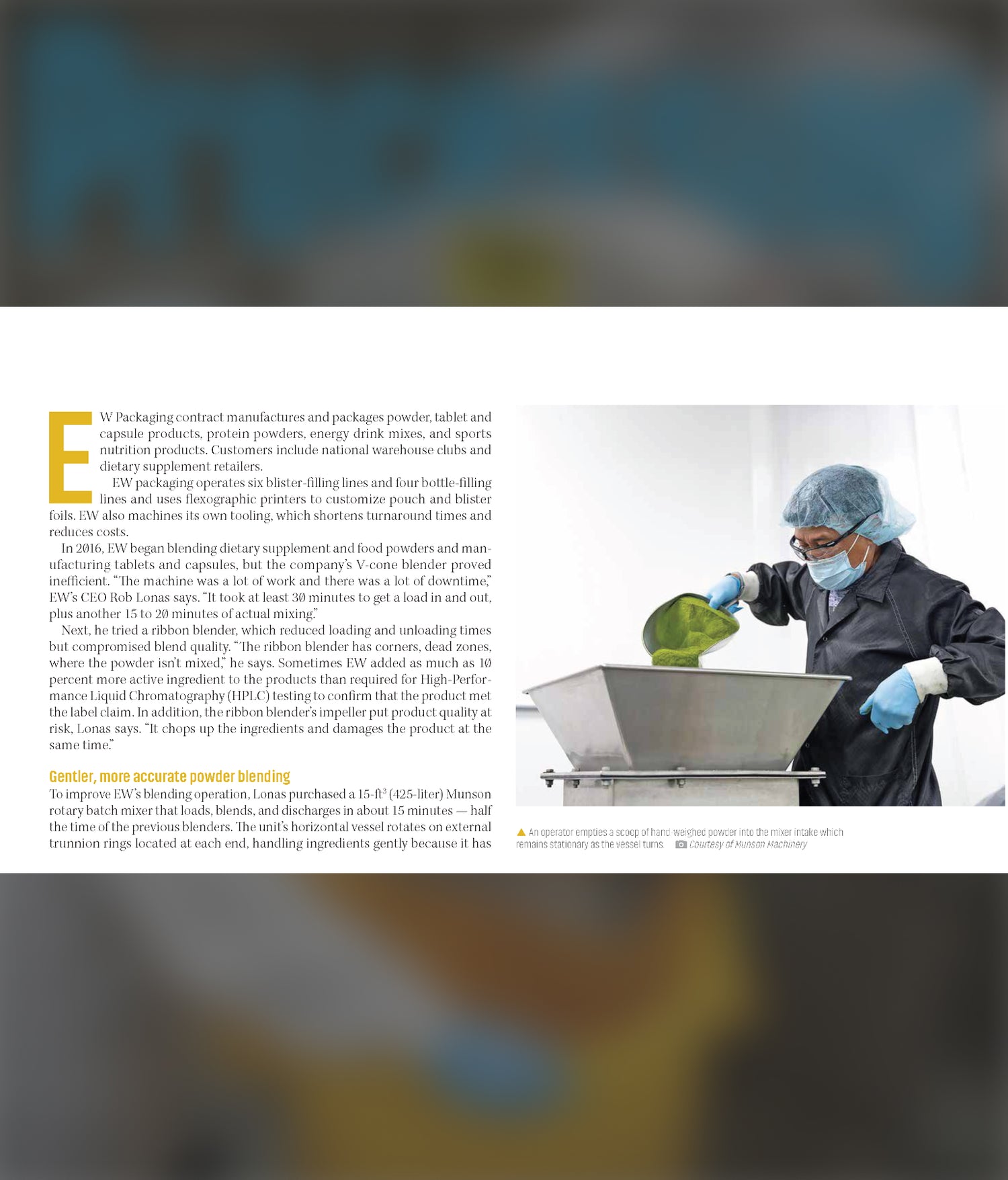 Laboratory worker in protective gear operating powder blending equipment for contract manufacturing