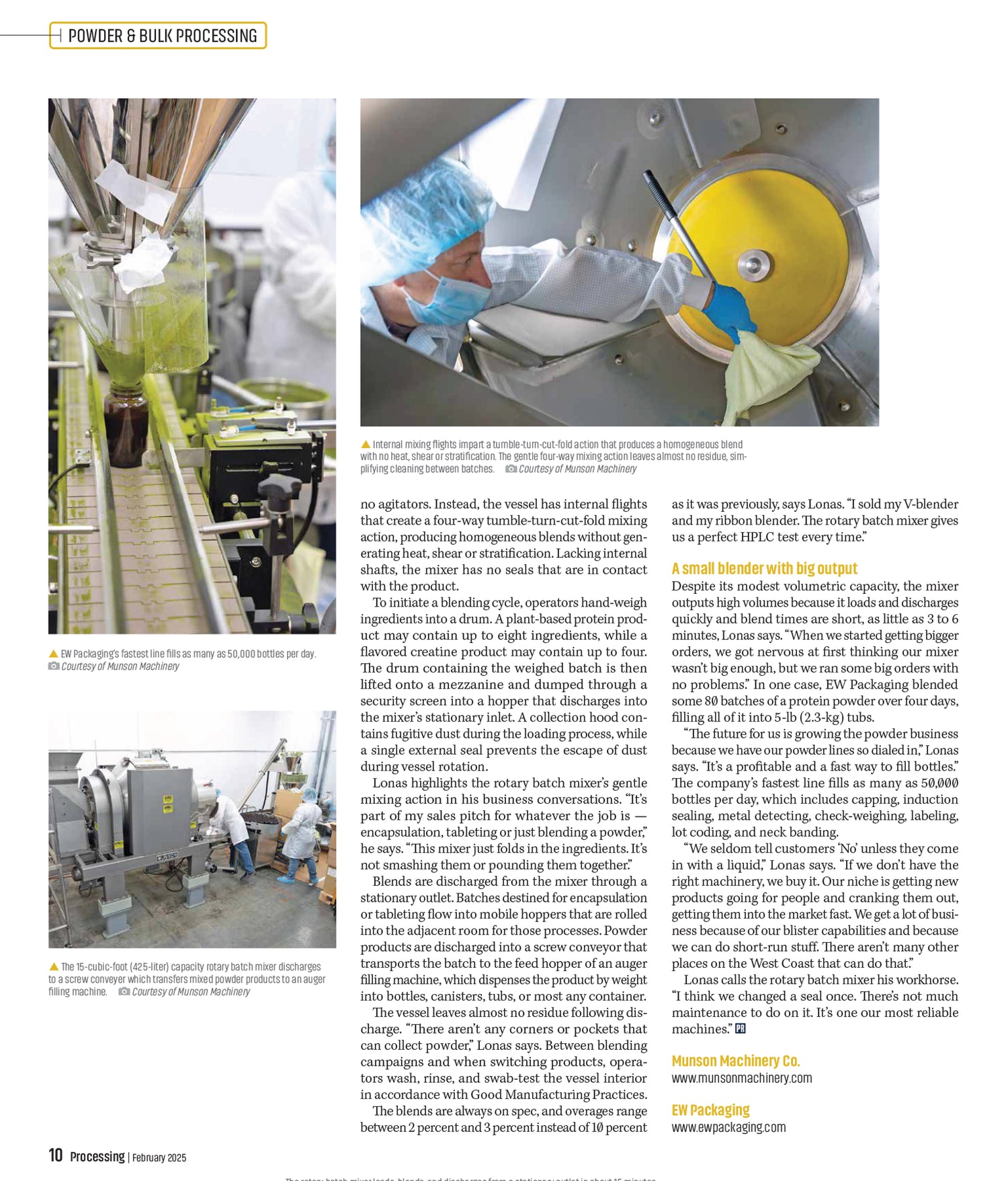 Magazine article about Munson Machinery rotary batch mixers and EW Packaging contract manufacturing operations
